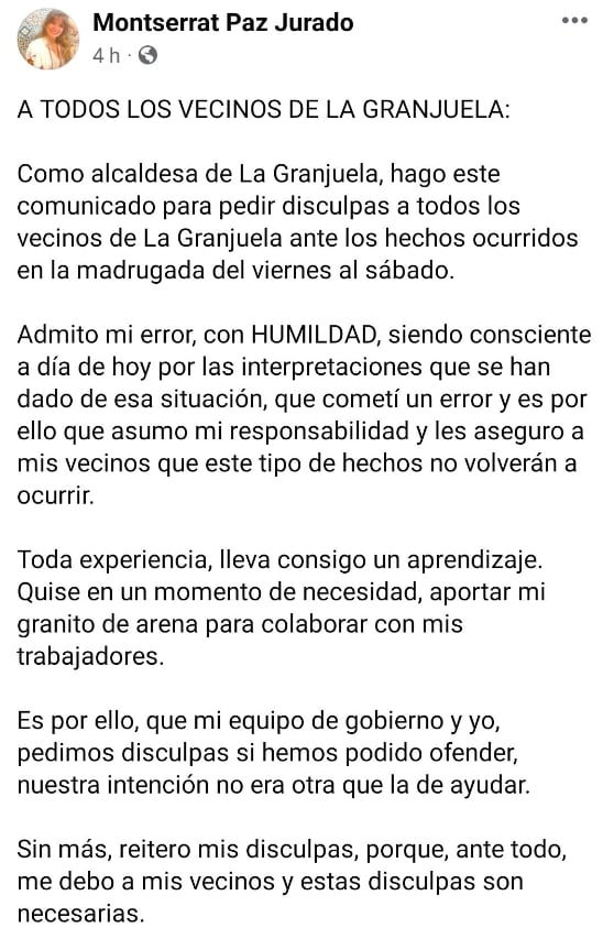 Comunicado de la alcaldesa de La Granjuela.