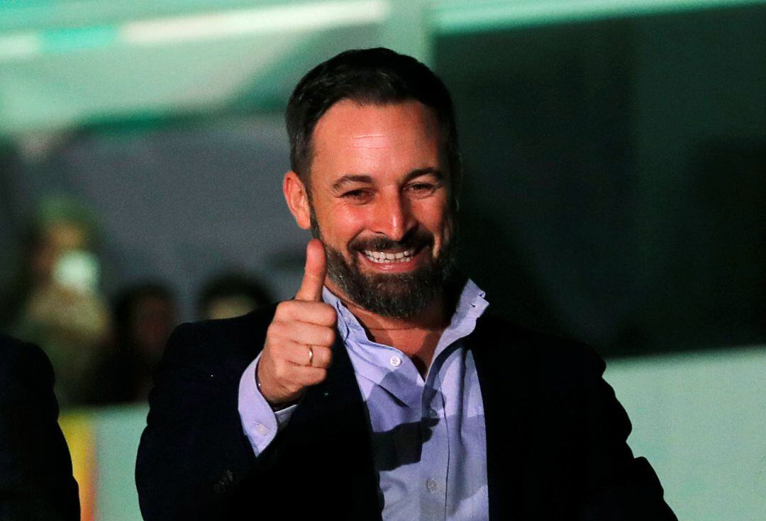 Santiago Abascal, líder de Vox, durante su valoración de los resultados electorales
