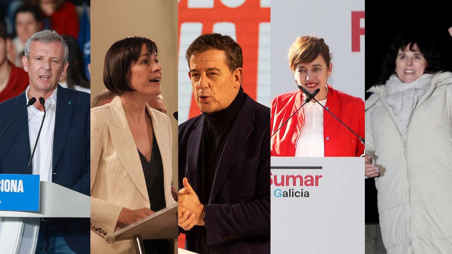 Montaje de Alfonso Rueda (PP), Ana Pontón (BNG), José Ramón Gómez Besteiro (PSOE), Marta Lois (Sumar) e Isabel Faraldo (Podemos).