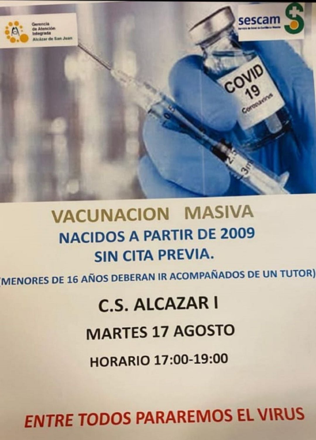 Cartel de la vacunación masiva en Alcázar de San Juan