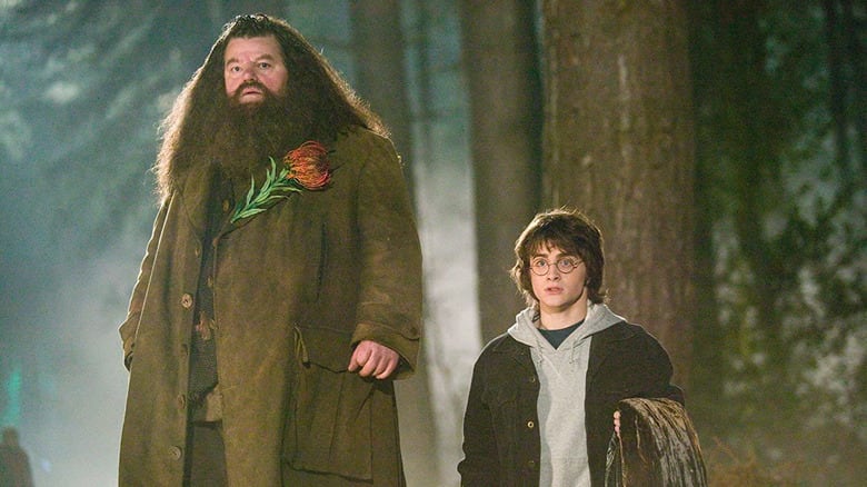 Hagrid y Harry Potter en el rodaje de una de las películas