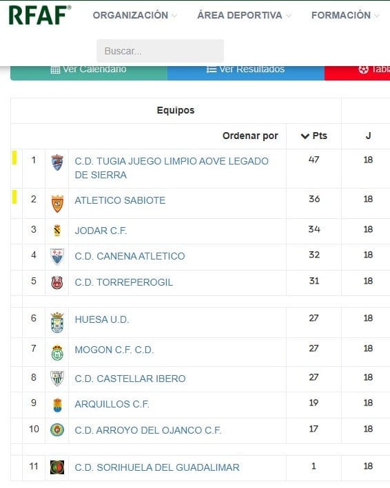 Clasificación tras la 18 ª jornada del Grupo 2 º