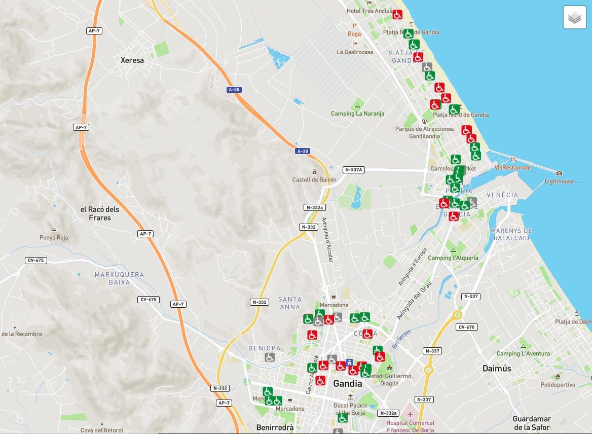 Mapa con las plazas de aparcamiento para personas con movilidad reducida en Gandia que se puede consultar en la web smartcity.com