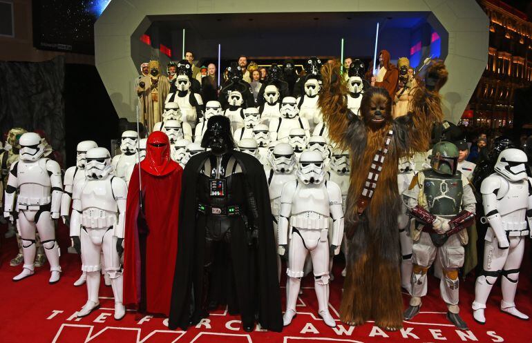 Darth Vader and Chewbacca pose with stormtroopers at the European Premiere of &quot;Star Wars: The Force Awakens&quot; in Leicester Square on December 16, 2015 in London, England.