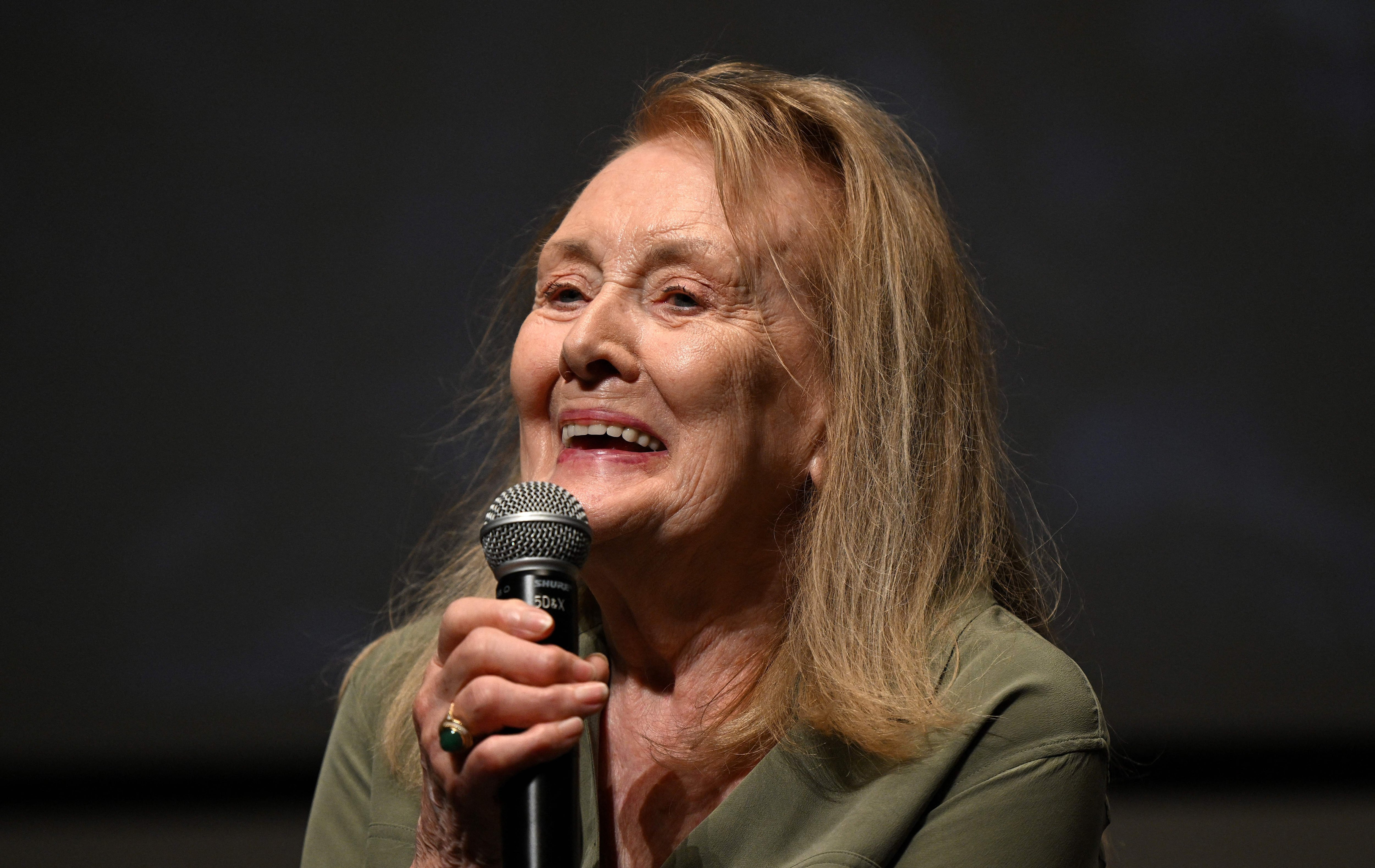 French writer Annie Ernaux answers questions after attending the screening of the film &quot;Les Annees Super 8 (The Super 8 Years)&quot; on the sidelines of the 75th edition of the Cannes Film Festival in Cannes, southern France, on May 23, 2022. (Photo by Julie SEBADELHA / AFP) (Photo by JULIE SEBADELHA/AFP via Getty Images)