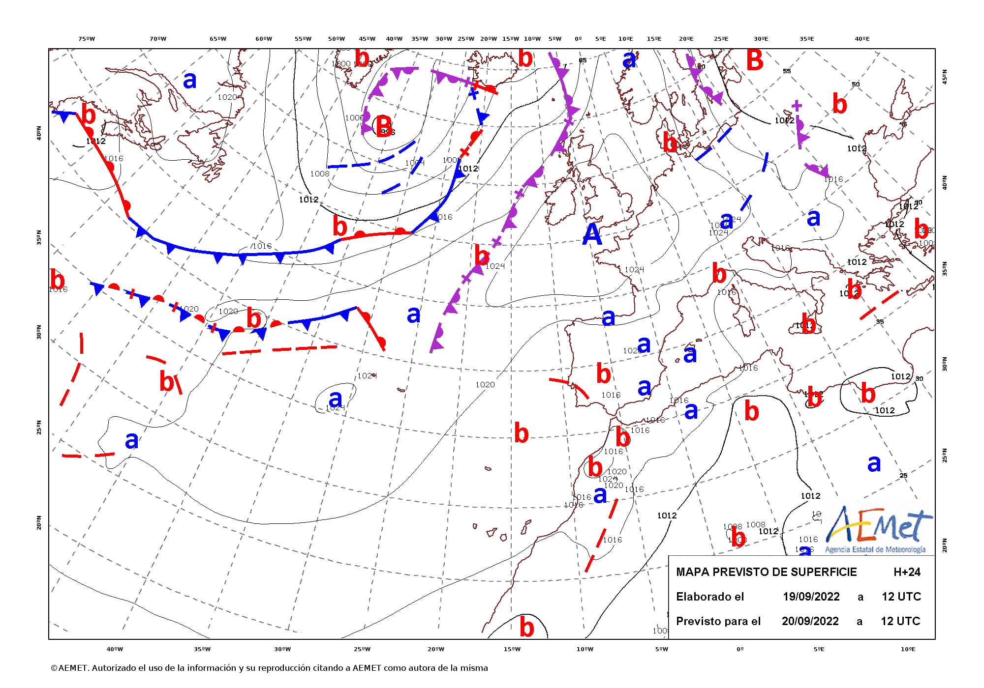 MADRID, 19/09/2022.-  Mapa de isobaras facilitado por la Aemet previsto para el 20/09/2022. EFE/ Aemet SÓLO USO EDITORIAL / SÓLO DISPONIBLE PARA ILUSTRAR LA NOTICIA QUE ACOMPAÑA (CRÉDITO OBLIGATORIO)
