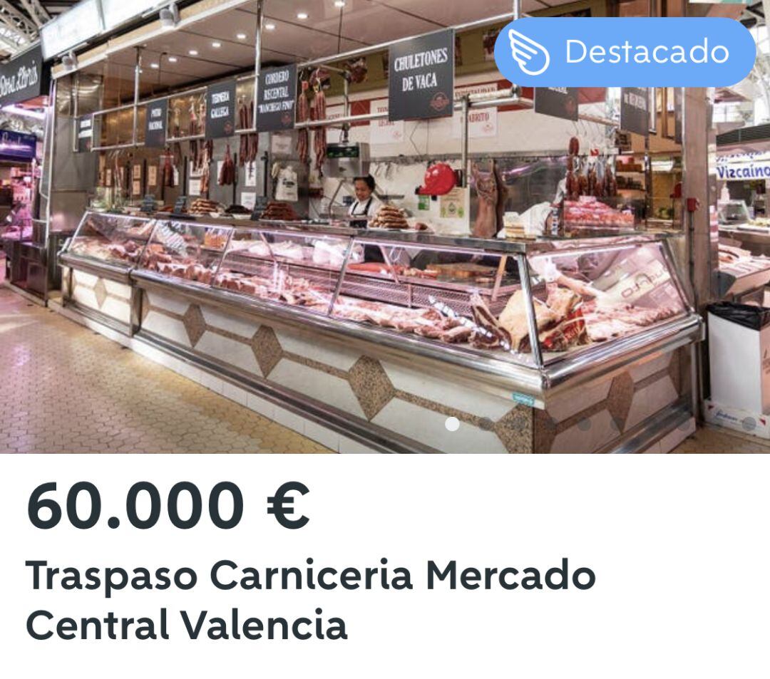 Captura de pantalla de la oferta de traspaso de una carnicería del Mercado Central de València a través de Wallapop