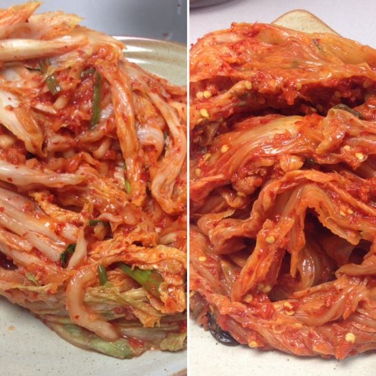 A la izquierda, kimchi con varios días, y a la derecha, kimchi con varios meses de fermentación.