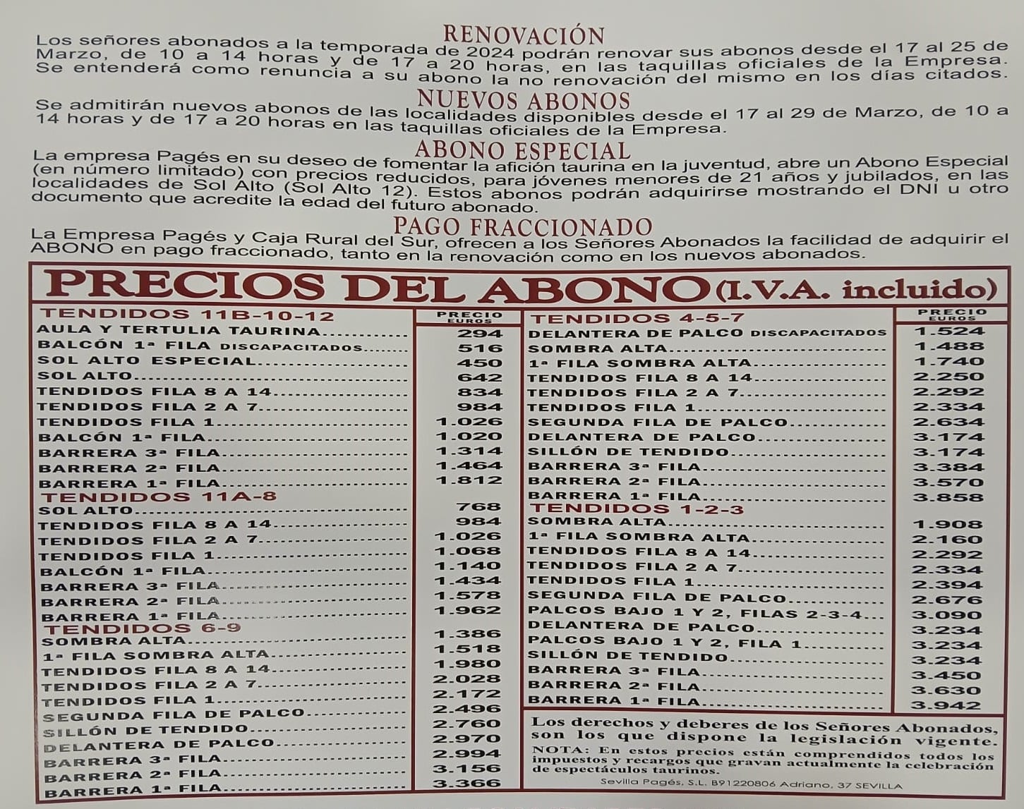 Precios de los abonos para la temporada 2025 en la Real Maestranza de Sevilla