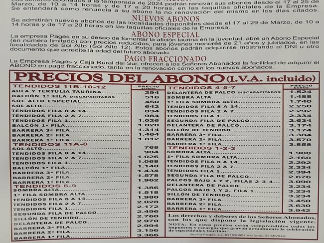 Precios de los abonos para la temporada 2025 en la Real Maestranza de Sevilla