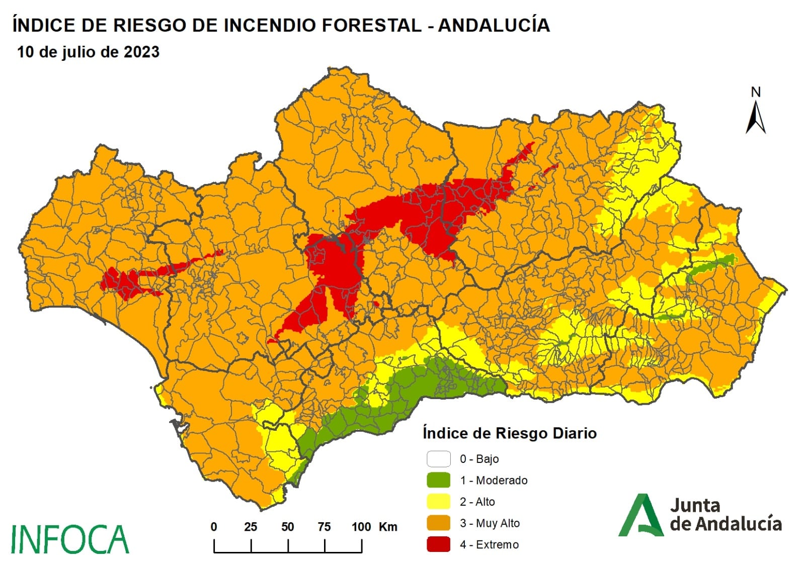 Así se encuentra el mapa de riesgo del Plan Infoca para estos próximos días en Andalucía