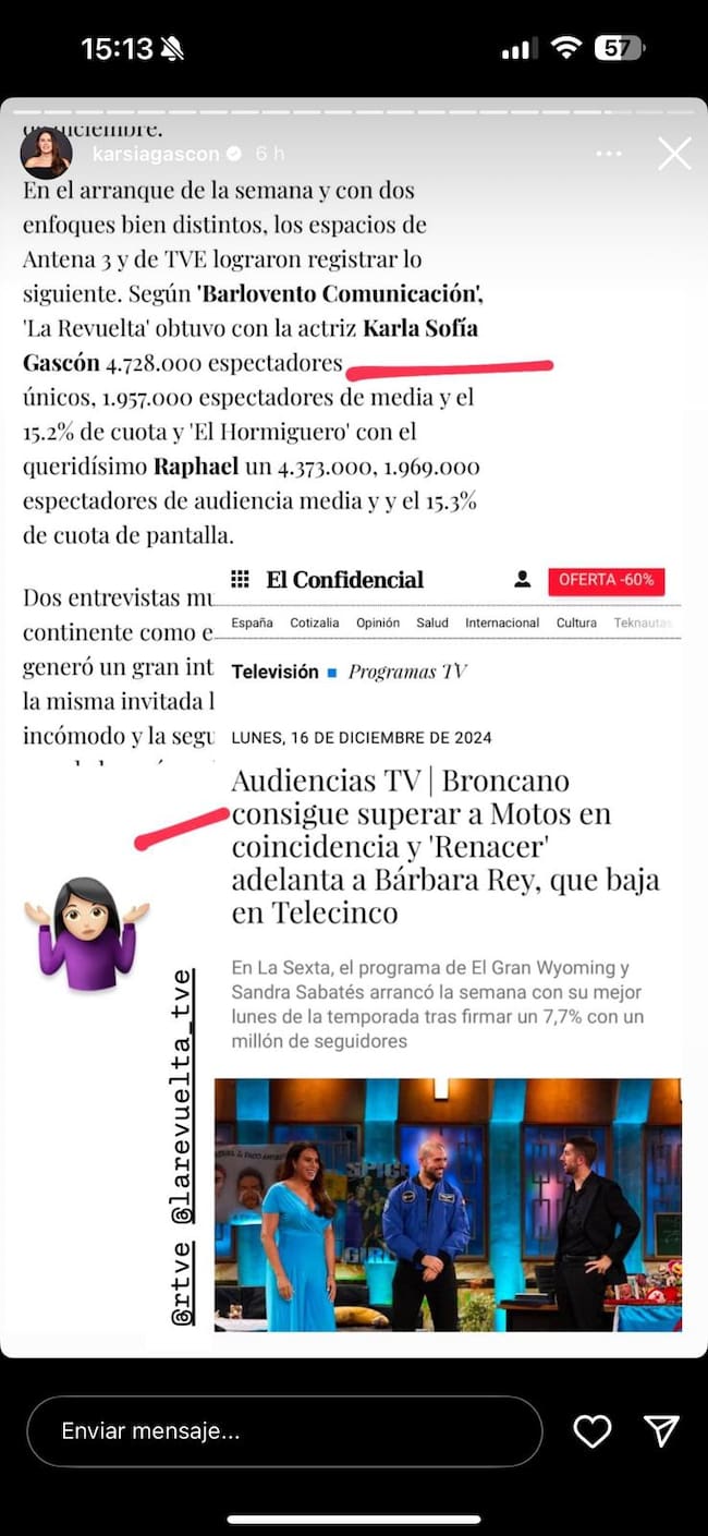 Karla Sofía Gascón en sus 'stories' de Instagram