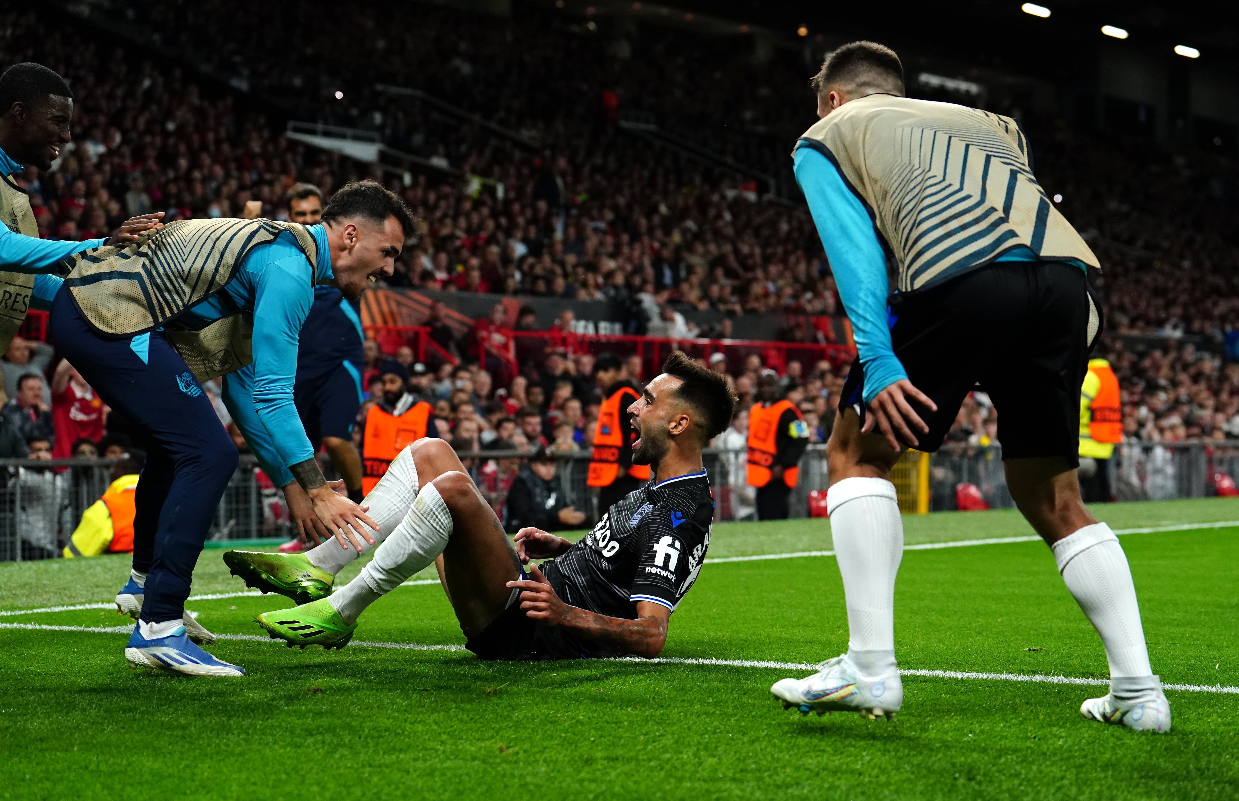 Real Sociedad&#039;s Brais Mendez celebrates scoring their side&#039;s first goal of the game during the UEFA Europa League Group E match at Old Trafford, Manchester. Picture date: Thursday September 8, 2022. (Photo by Martin Rickett/PA Images via Getty Images)