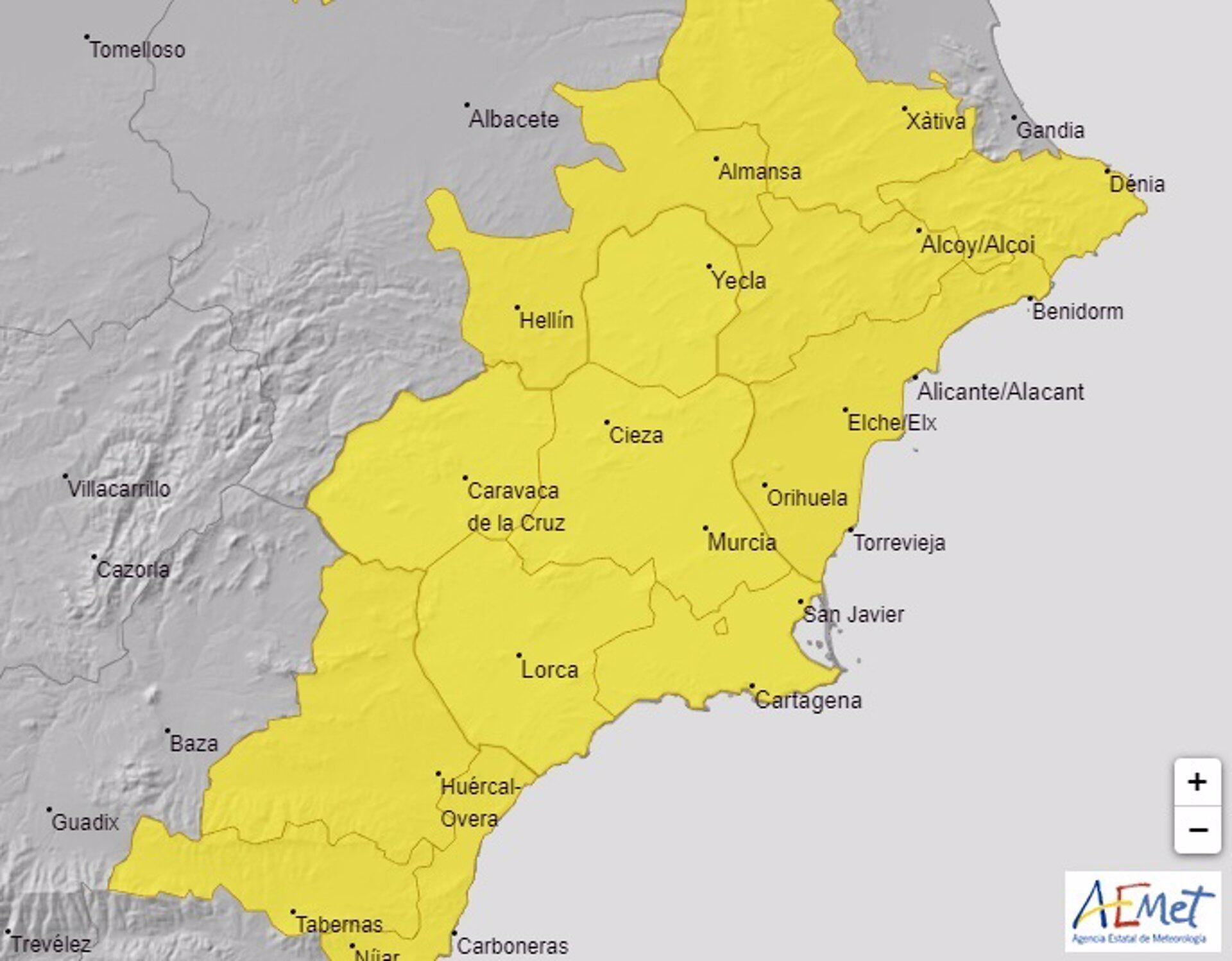 Aviso amarillo por lluvias y tormentas en la Región de Murcia