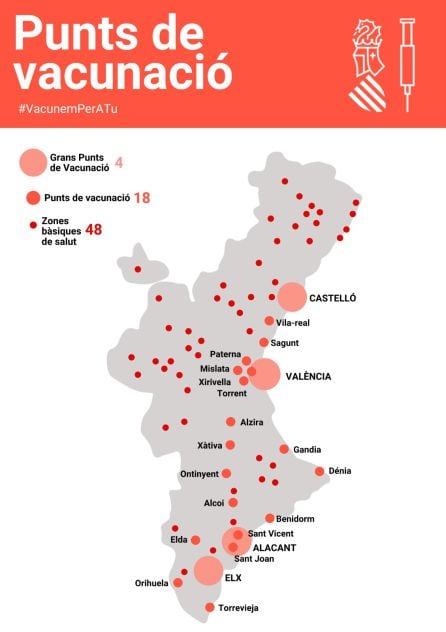 Mapa con los puntos de vacunación de la Comunitat Valenciana.