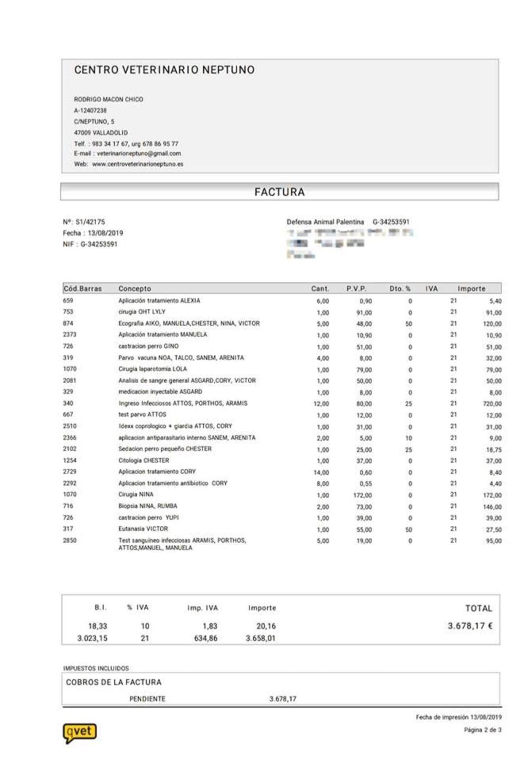 Una de las dos últimas facturas que tiene que asumir Defensa Animal Palentina