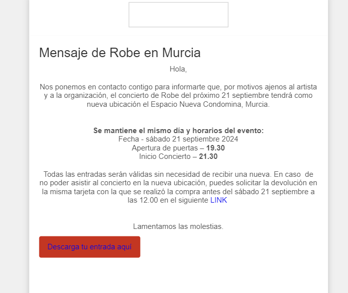 Mensaje comunicando el cambio de ubicación del concierto de Robe en Murcia