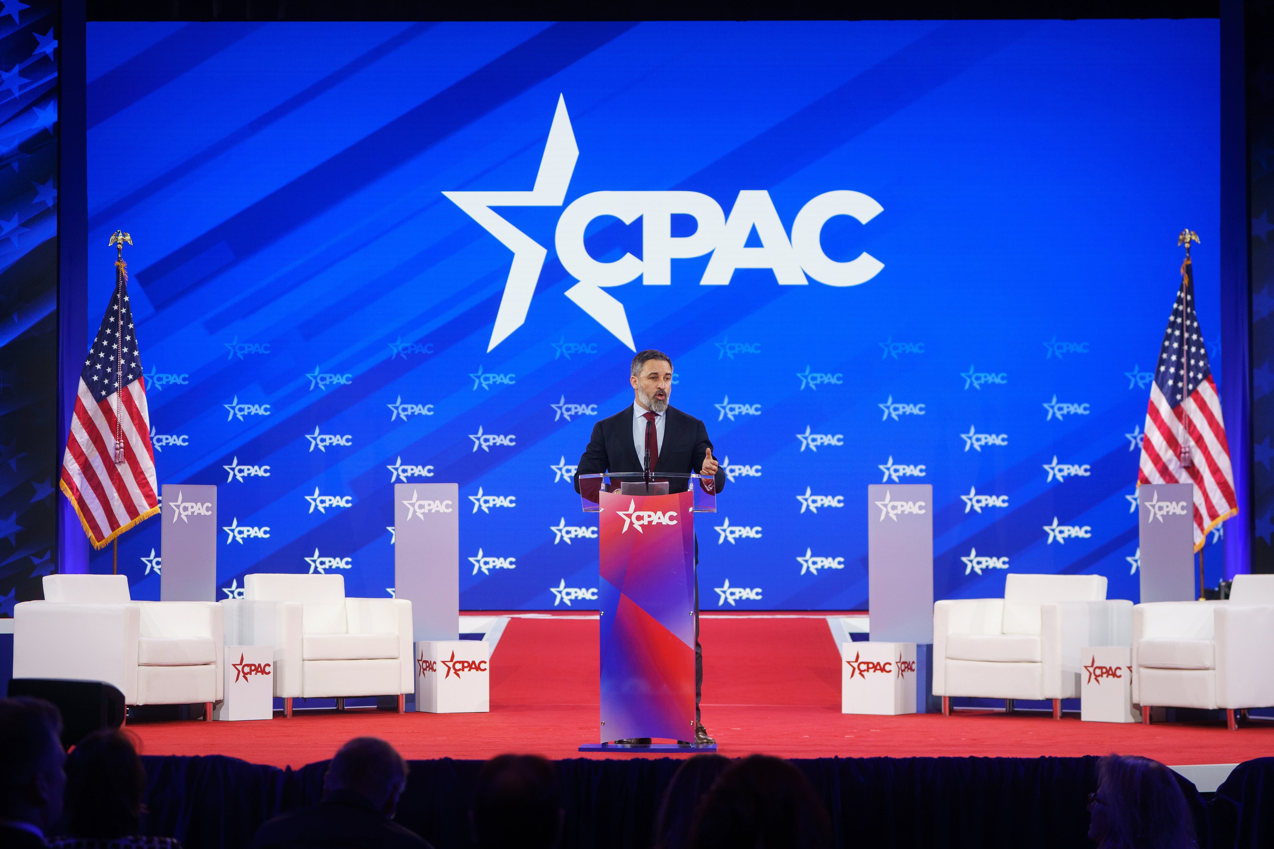 El líder de Vox, Santiago Abascal, durante su intervención en la Conferencia de Acción Política Conservadora (CPAC, en inglés)