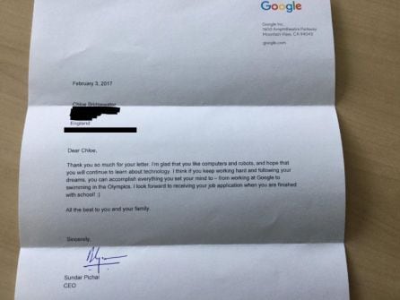 Respuesta del CEO de Google a una niña de 7 años que le escribió pidiendo trabajo