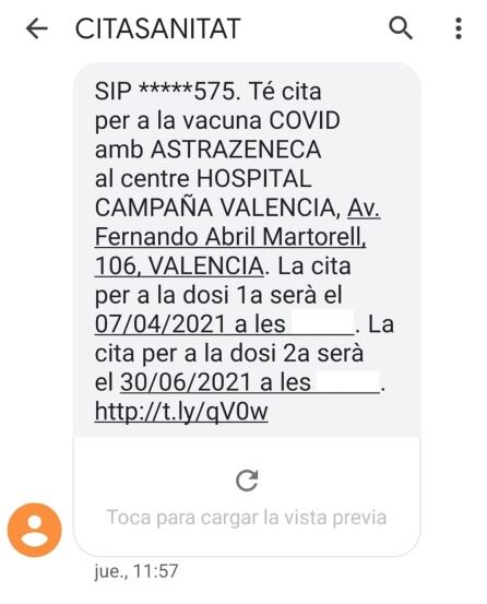 Así son las citas que está enviando la Conselleria de Sanidad mediante SMS a las personas que deben vacunarse de coronavirus.