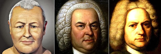 A la izquierda, el rostro de Johann Sebastian Bach según el estudio de los expertos forsenses; en el centro y en la derecha, la imagen de Bach según retratos posteriores a su muerte.