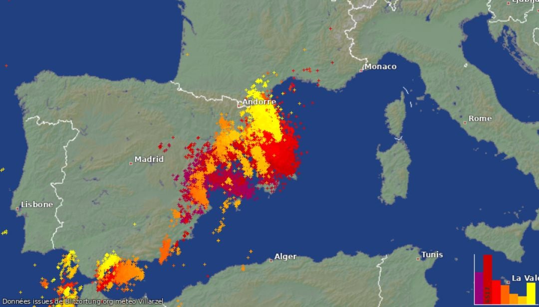 Mapa de rayos que deja la borrasca &#039;Gloria&#039;.