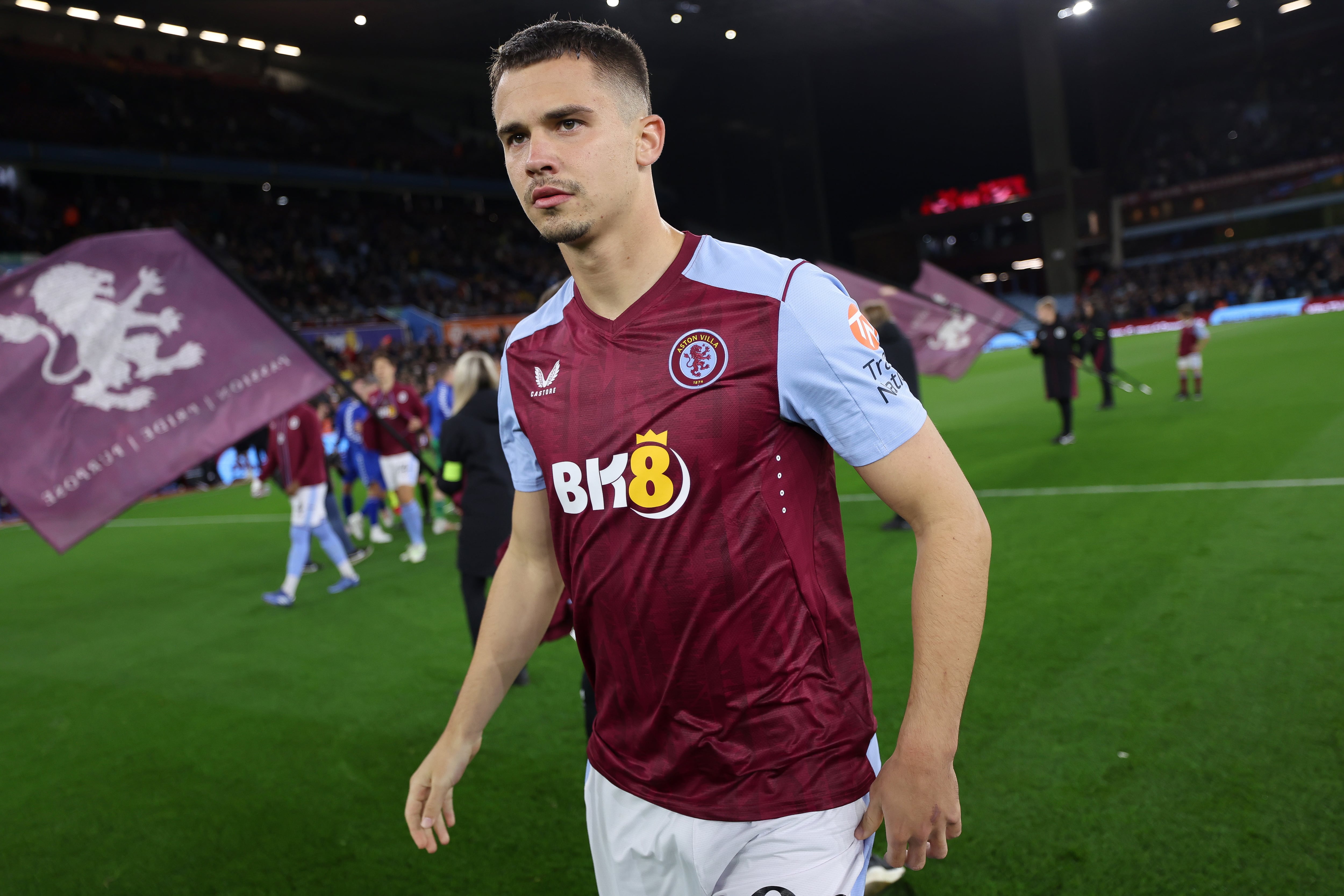 BIRMINGHAM, ENGLAND - SEPTEMBER 27: Leander Dendoncker of Aston Villa in action during the Carabao Cup Third Round match between Aston Villa and Everton at Villa Park on September 27, 2023 in Birmingham, England. (Photo by Neville Williams/Aston Villa FC via Getty Images)