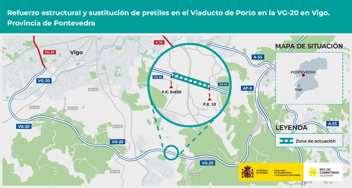 Mapa de actuación sobre el viaducto de Porto, ubicado en la autovía VG-20 de Vigo