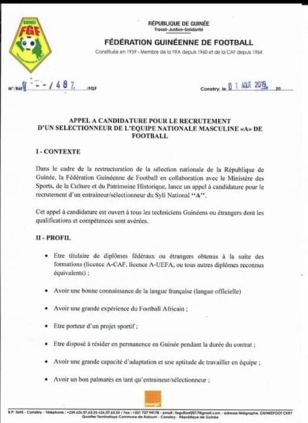 La oferta de trabajo para dirigir la Selección de Guinea