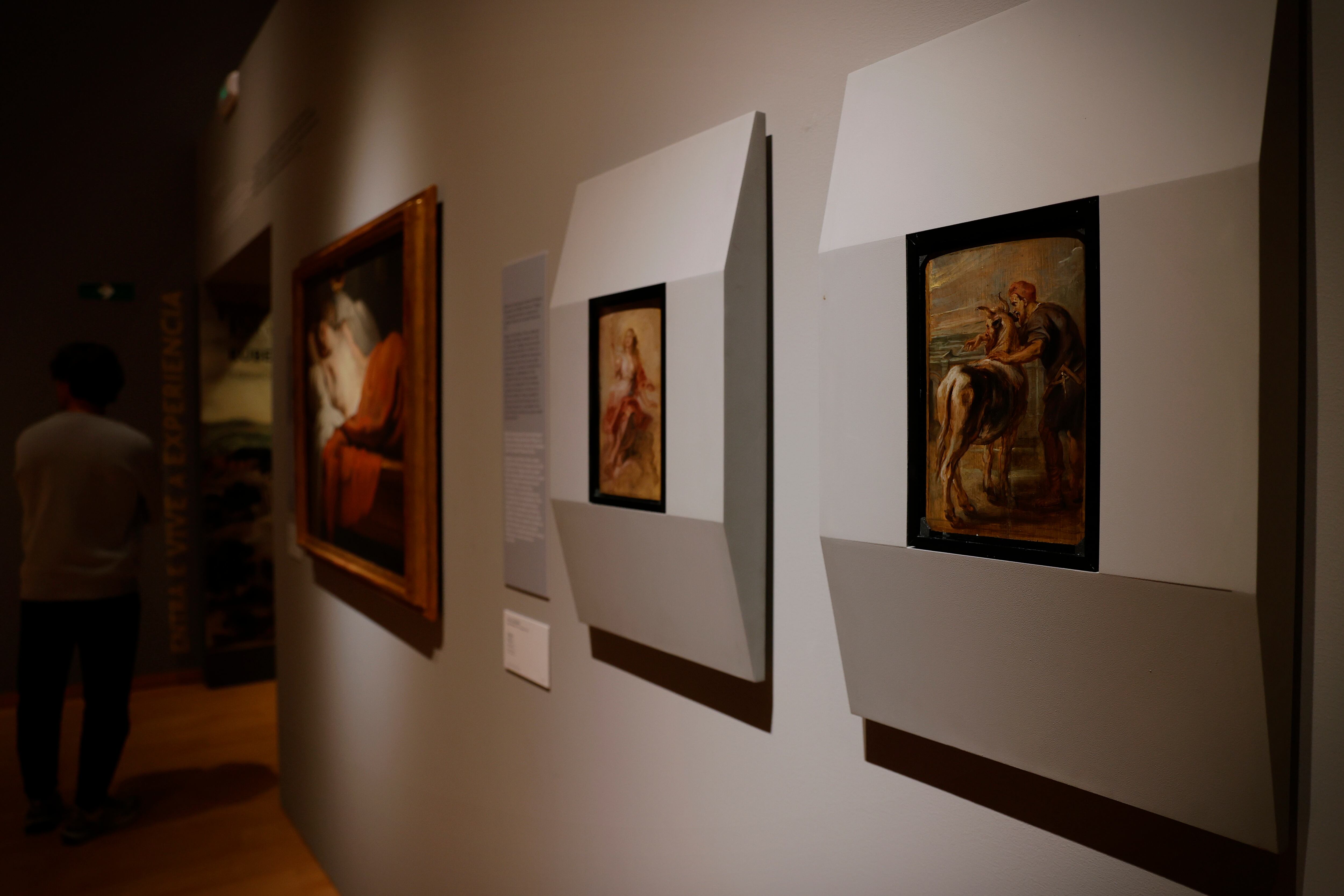 A CORUÑA, 26/10/25.- Un hombre camina junto a los dos óleos sobre tabla de Rubens robados hace ahora 40 años del museo de Belas Artes de A Coruña. El reciente asalto al Museo del Louvre en París ha puesto en el foco la vulnerabilidad de las grandes colecciones de arte y obliga a repasar casos como el robo de estas dos obras y su posterior recuperación tras una compleja operación internacional. EFE/Cabalar
