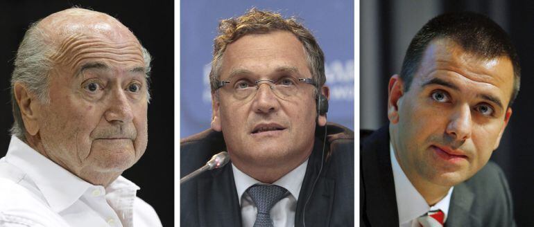 Como fotogáfico que muestra a el expresidente de la FIFA Joseph Blatter en Suiza el 22 de agosto de 2015, su ex secretario general Jérôme Valcke en San Petersburgo, Rusia, el 24 de julio de 2015, y al ex director de Finanzas, Markus Kattner