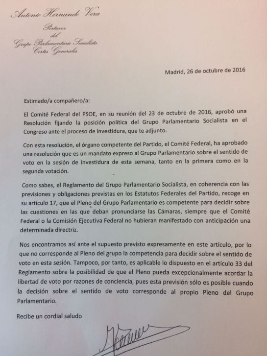 Carta enviada por el portavoz socialista Antonio Hernando.