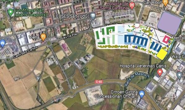 Imatge sobre plànol d'on ha d'anar el nou Trueta. La masia és el requadre de color groc.