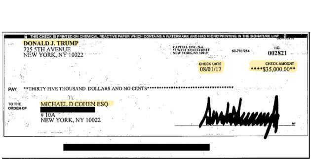 El cheque de $35.000 con el que, según Michael Cohen, Donald Trump compró el silencio de la actriz porno Stormy Daniels.