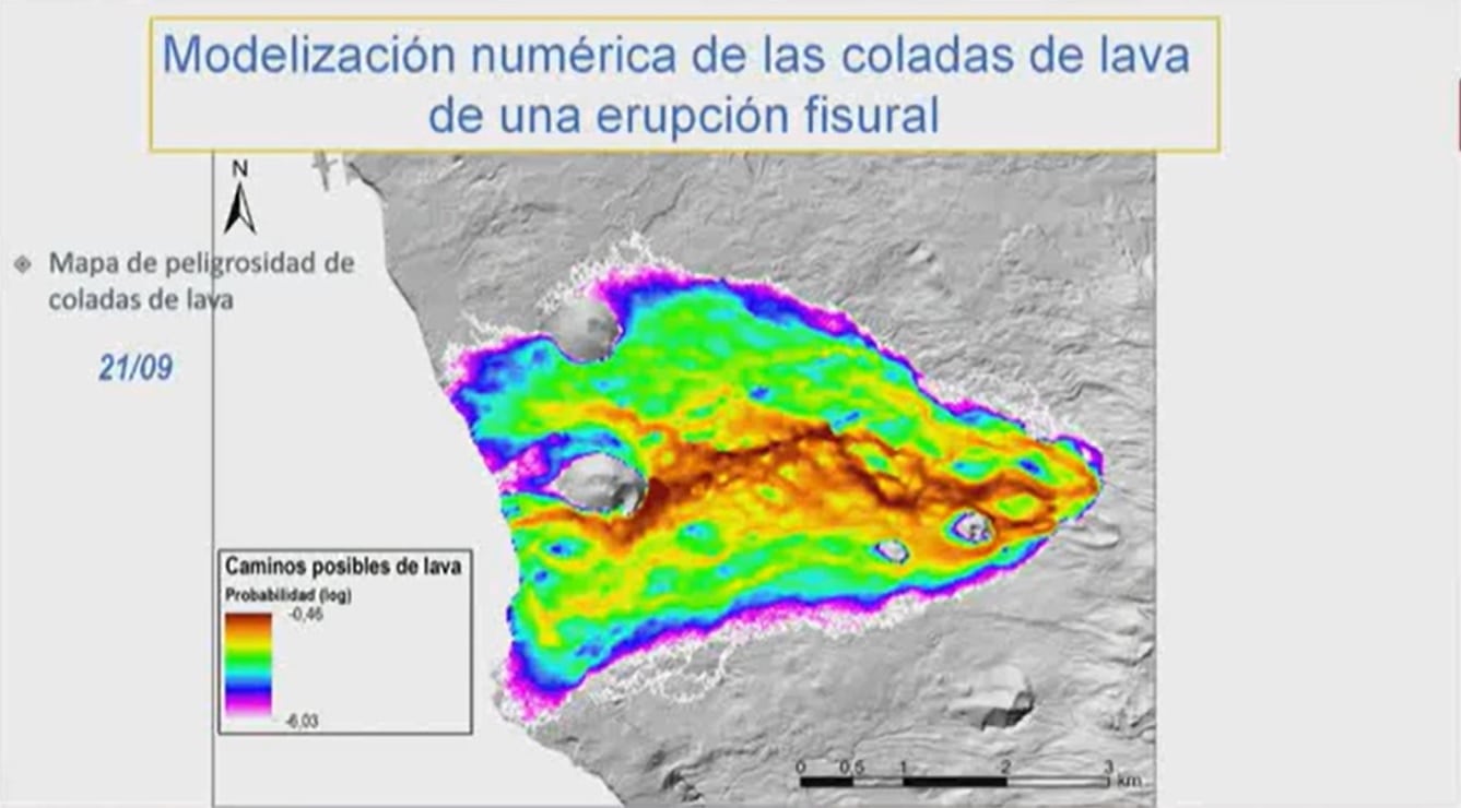 Mapa de probabilidad de invasión de un pixel por una colada de lava elaborado dos días depués de la erupción