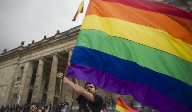 Un joven ondea una bandera LGTBI