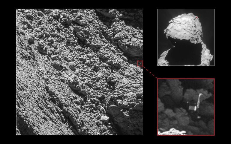 Una cámara de la sonda espacial Rosetta ha logrado localizar en el cometa 67P a su módulo Philae, del que se había perdido el rastro tras su aterrizaje en noviembre de 2014. 