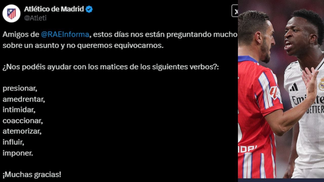 Montaje de la última publicacion del Atlético de Madrid en sus redes sociales junto  a una imagen de Koke y Vinicius