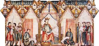 Grabado antiguo que representa al rey Alfonso X y su corte