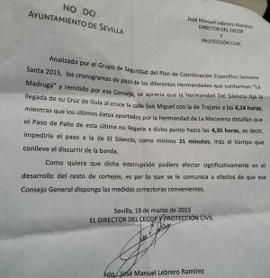 Carta remitida por el Cecop al Consejo de Cofradías advirtiéndole del desfase horario en el plan previsto para La Madrugá de este año 2015