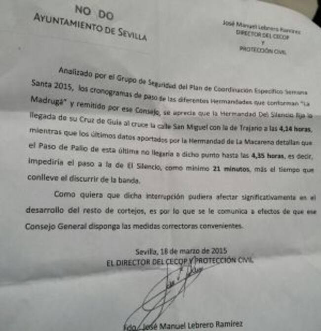 Carta remitida por el Cecop al Consejo de Cofradías advirtiéndole del desfase horario en el plan previsto para La Madrugá de este año 2015