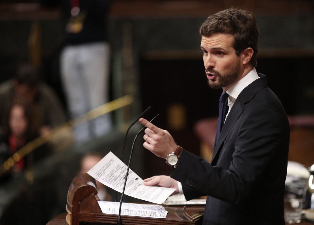 El presidente del PP, Pablo Casado, interviene desde la tribuna del Congreso de los Diputados en la primera sesión del debate de investidura del candidato socialista a la Presidencia de Gobierno en la XIV Legislatura en Madrid (España), a 4 de enero de 20