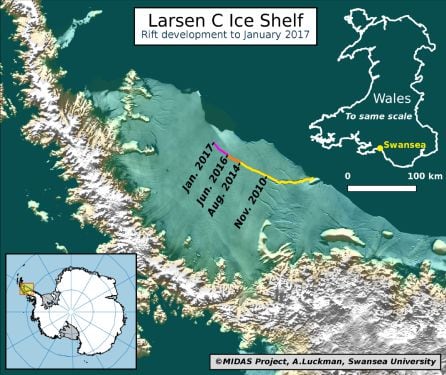 Gráfico que muestra el avance de la grieta en 7 años y el trozo de hielo que puede desprenderse.