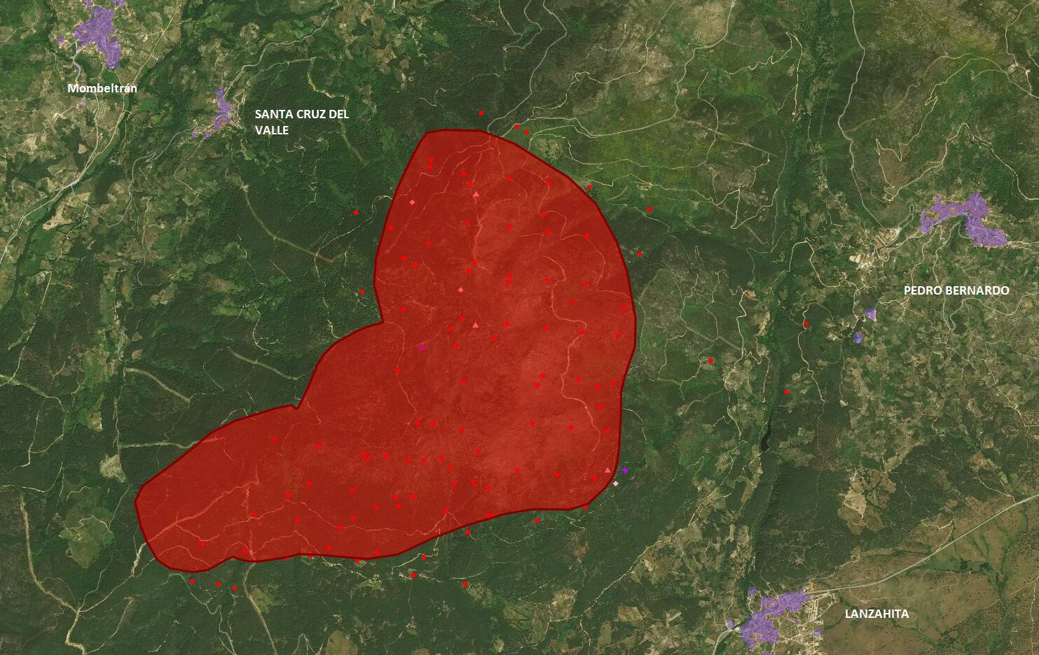 Perímetro aproximado del incendio de Santa Cruz de Pinares según el sistema satelital de COPERNICUS