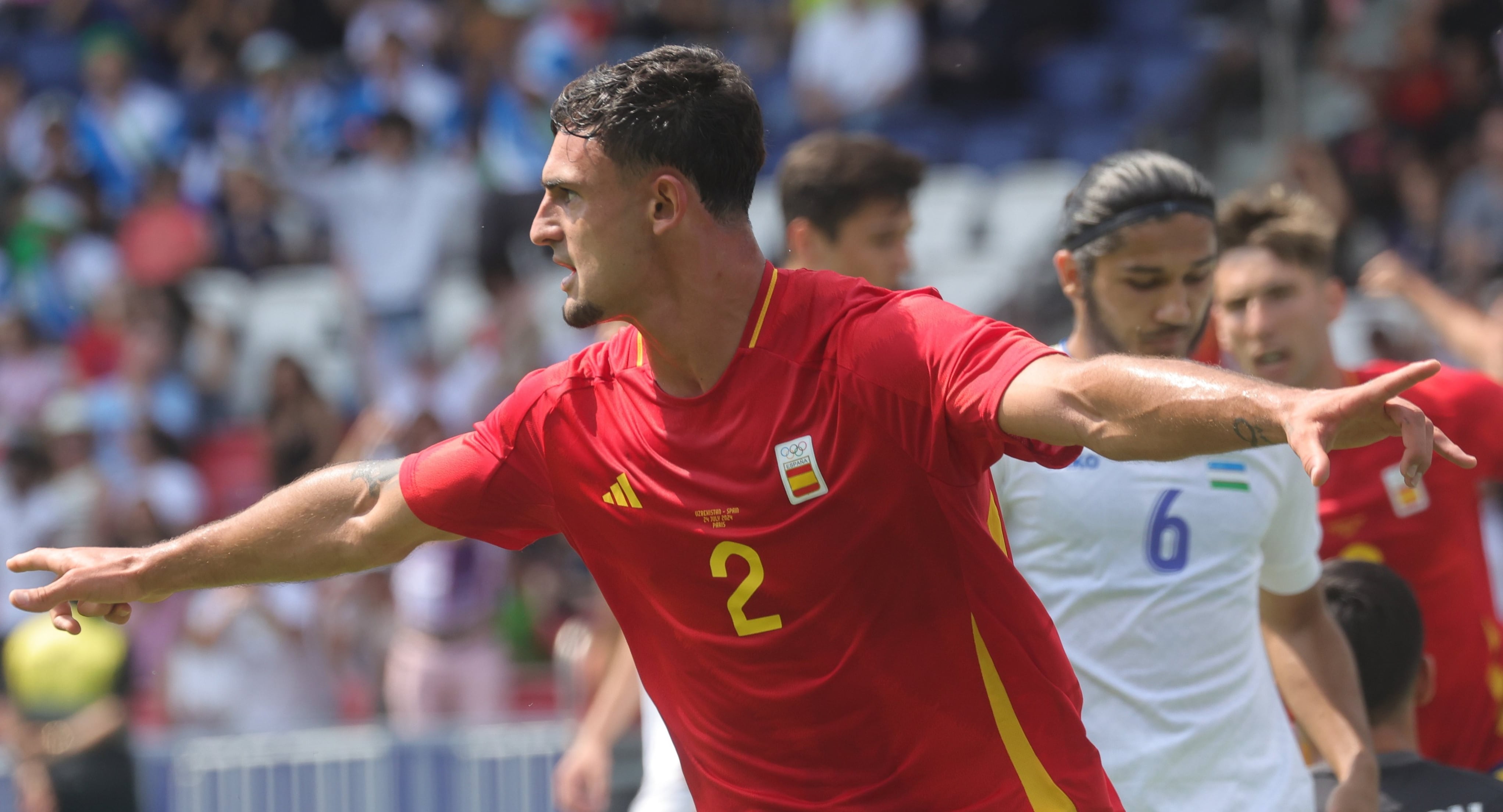 Pubill celebrando el gol que ponía por delante a España frente a Uzbekistán en los Juegos.