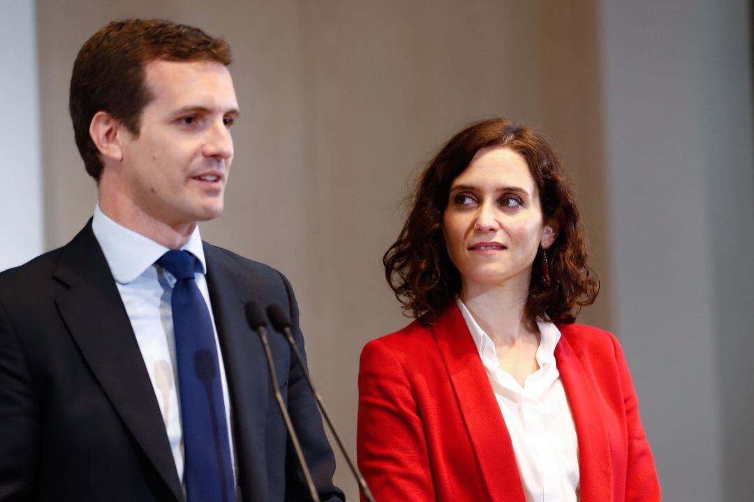 El presidente del PP, Pablo Casado, visita el Campus Google acompañado por la candidata del PP a la Comunidad de Madrid, Isabel Díaz Ayuso