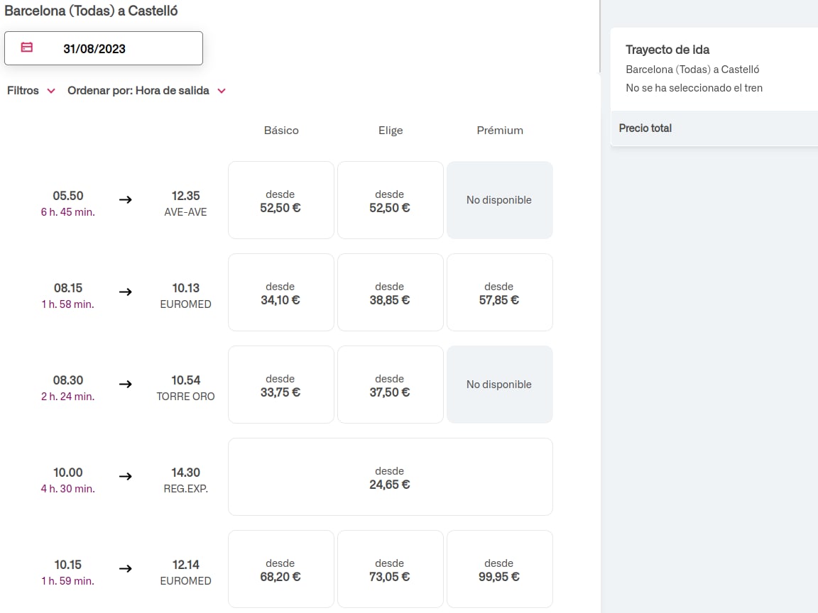 Precio billetes Barcelona Castelló el 31/08