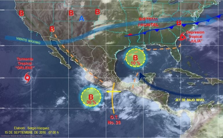 Imagen cedida e interpretada por el Servicio Metereológico Nacional (SMN) hoy, viernes 15 de septiembre de 2016, de la tormenta tropical &quot;Orlene&quot; que se mantiene alejada de las costas, y la Onda Tropical 28 que propicia intensas lluvias. De acuerdo con lo