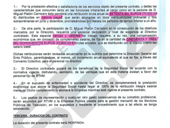 Retribuciones incluídas en el contrato de Miguel Platón como director de Multimedia y que recoge un complemento por la &quot;calidad&quot; de su trabajo