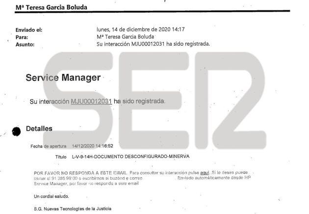 Correo del juzgado solicitando el cierre de la incidencia informática porque “lo han solucionado”